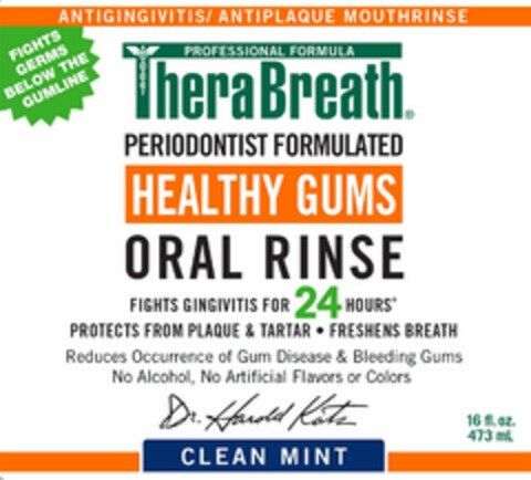 ANTIGINGIVITIS/ANTIPLAQUE MOUTHRINSE PROFESSIONAL FORMULA PERIODONTIST FORMULATED HEALTHY GUMS ORAL RINSE CLEAN MINT FIGHTS GERMS BELOW THE GUM LINE FIGHTS GINGIVITIS FOR 24 HOURS PROTECTS FROM PLAQUE & TARTAR· FRESHENS BREATH REDUCES OCCURRENCE OF GUM DISEASE & BLEEDING GUMS NO ALCOHOL, NO ARTIFICIAL FLAVORS OR COLORS DR. HAROLD KATZ CLEAN MINT 16 FL. OZ. 473 ML Logo (USPTO, 06.07.2020)