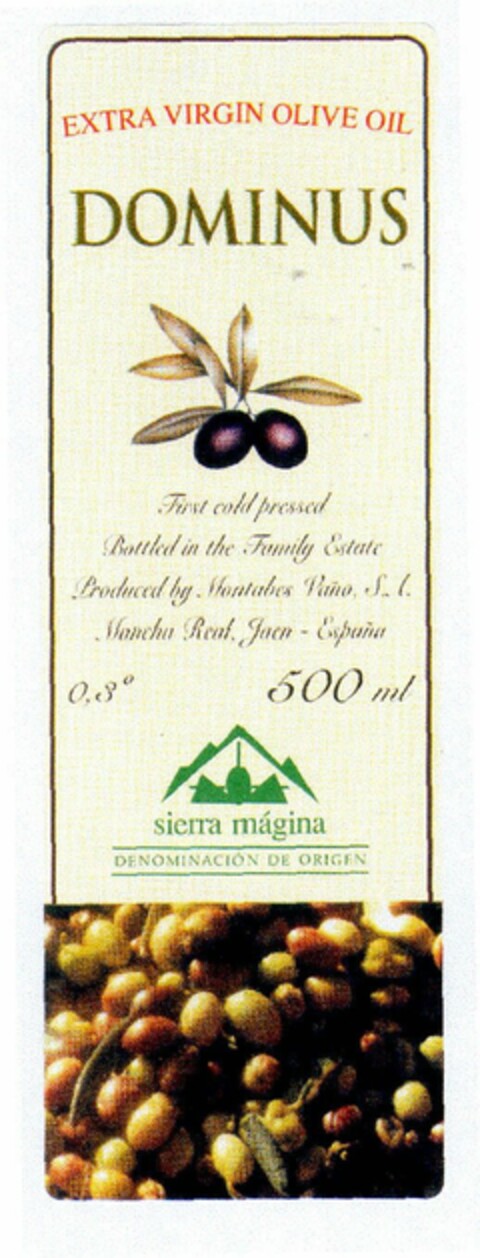 EXTRA VIRGIN OLIVE OIL DOMINUS FIRST COLD PRESSED BOTTLED IN THE FAMILY ESTATE PRODUCED BY MONTABES VAÑO, S.L. MANCHA REAL JAEN ESPAÑA SIERRA MAGINA DENOMINACION DE ORIGEN 0,3º 500 ML. Logo (USPTO, 20.01.2014)