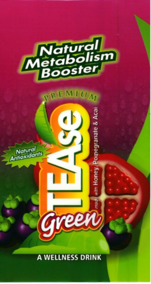 NATURAL METABOLISM BOOSTER PREMIUM NATURAL ANTIOXIDANTS TEASE MADE WITH HONEY POMEGRANATE & ACAI GREEN A WELLNESS DRINK Logo (USPTO, 09/07/2011)