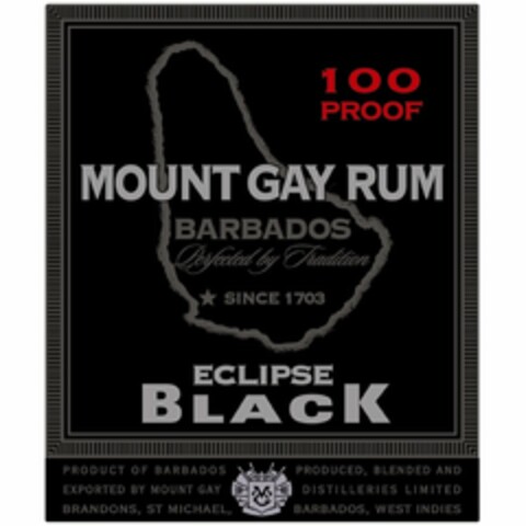 MOUNT GAY RUM BARBADOS PERFECTED BY TRADITION SINCE 1703 100 PROOF ECLIPSE BLACK PRODUCT OF BARBADOS PRODUCED, BLENDED AND EXPORTED BY MOUNT GAY DISTILLERIES LIMITED BRANDONS, ST. MICHAEL, BARBADOS, WEST INDIES MG Logo (USPTO, 13.10.2011)