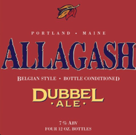 ALLAGASH DUBBEL · ALE · PORTLAND · MAINE BELGIAN STYLE · BOTTLE CONDITIONED 7% ABV FOUR 12 OZ. BOTTLES Logo (USPTO, 19.06.2014)