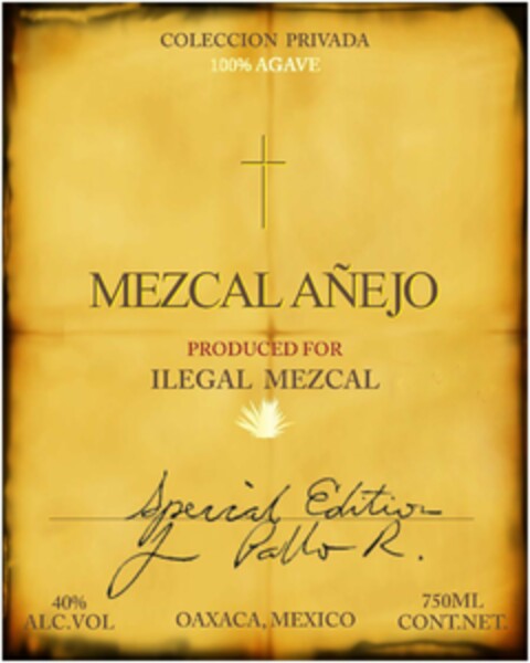 COLECCION PRIVADA 100% AGAVE MEZCAL AÑEJO PRODUCED FOR ILEGAL MEZCAL SPECIAL EDITION PABLO R. OAXACA MEXICO 40% ALC. VOL 750 ML CONTNET Logo (USPTO, 23.05.2015)