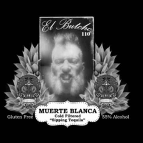 EL BUTCHO 110 MUERTE BLANCA COLD FILTERED "SIPPING TEQUILA" GLUTEN FREE 55% ALCOHOL Logo (USPTO, 01/24/2017)