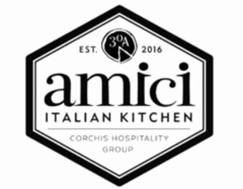 AMICI 30A ITALIAN KITCHEN CORCHIS HOSPITALITY GROUP EST. 2016 Logo (USPTO, 06.02.2017)