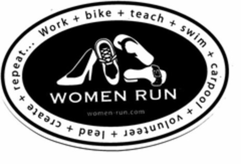 WOMEN RUN WOMEN-RUN.COM WORK + BIKE + LEAD + SWIM + VOLUNTEER + TEACH + CARPOOL + CREATE + REPEAT... Logo (USPTO, 04.02.2011)