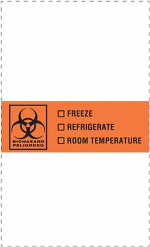 BIOHAZARD PELIGROSO FREEZE REFRIGERATE ROOM TEMPERATURE Logo (USPTO, 18.11.2014)