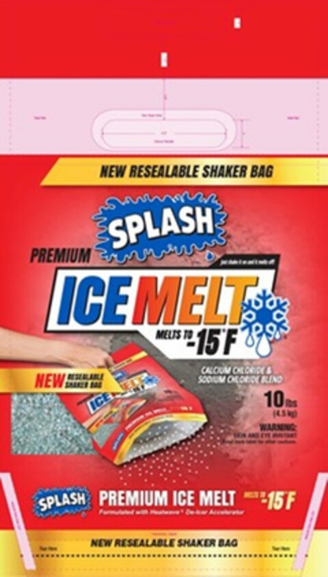 NEW RESEALABLE SHAKER BAG SPLASH JUST SHAKE IT ON AND IT MELTS OFF! PREMIUM ICE MELT NEW REASEALABLE SHAKER BAG SPLASH PREMIUM ICE MELT Logo (USPTO, 06.01.2017)