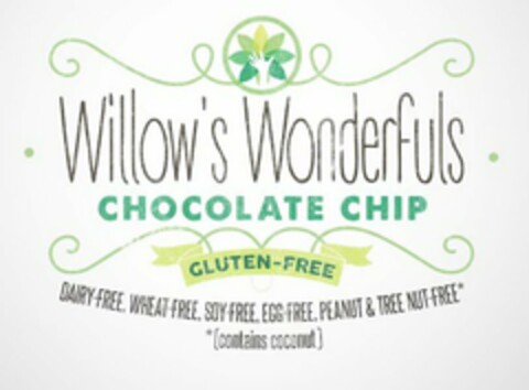 · WILLOW'S WONDERFULS · CHOCOLATE CHIP GLUTEN-FREE, DAIRY-FREE, WHEAT-FREE, SOY-FREE, EGG-FREE, PEANUT & TREE NUT-FREE*  *[CONTAINS COCONUT] Logo (USPTO, 05.03.2015)