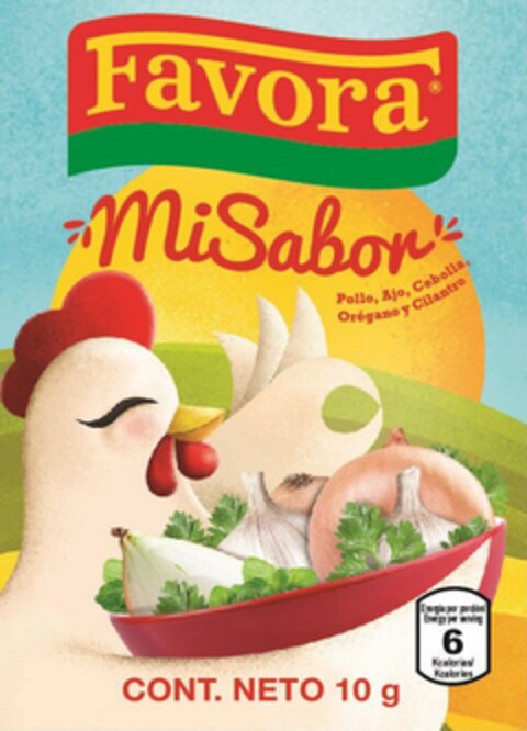 FAVORA MI SABOR POLLO, AJO, CEBOLLA, OREGANO Y CILANTRO CONT. NETO 10 G ENERGIA POR PORCIÓN/ENERGY PER SERVING 6 KCALORIAS/KCALORIES Logo (USPTO, 01/09/2020)