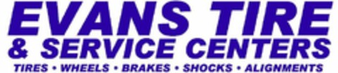 EVANS TIRE & SERVICE CENTERS TIRES · WHEELS · BRAKES · SHOCKS · ALIGNMENTS · Logo (USPTO, 07/18/2013)