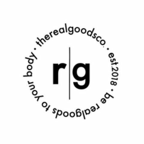 R|G · THEREALGOODSCO. · EST. 2018 · BE REALGOODS TO YOUR BODY Logo (USPTO, 11/18/2019)