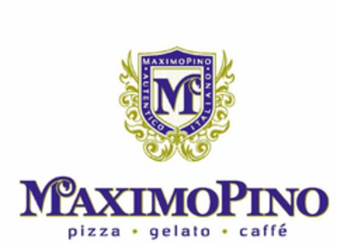 M MAXIMOPINO AUTENTICO ITALIANO MAXIMOPINO PIZZA GELATO CAFFÉ Logo (USPTO, 23.06.2009)