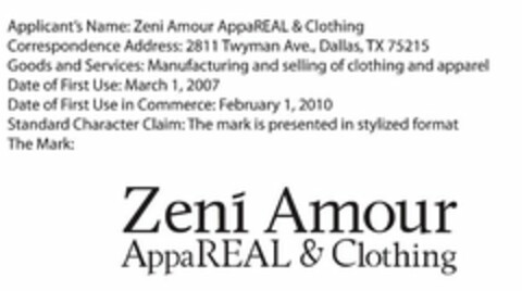 ZENI' AMOUR APPAREAL & CLOTHING Logo (USPTO, 24.03.2010)