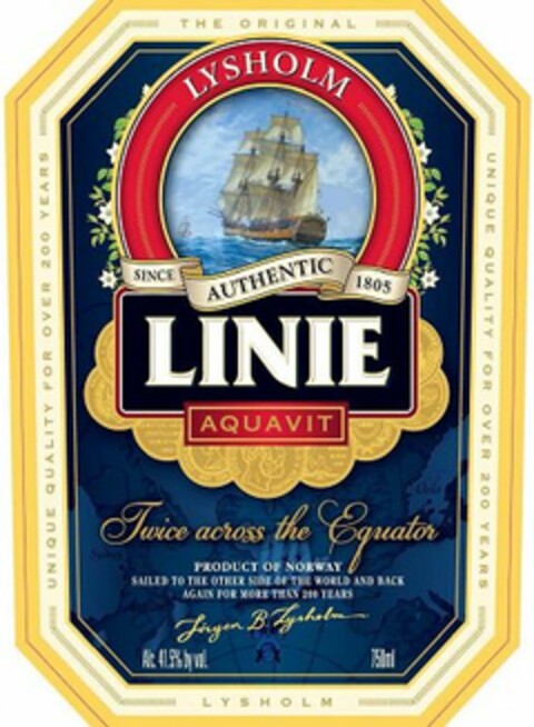LYSHOLM LINIE AQUAVIT TWICE ACROSS THE EQUATOR THE ORIGINAL UNIQUE QUALITY FOR OVER 200 YEARS LYSHOLM PRODUCT OF NORWAY SAILED TO THE OTHER SIDE OF THE WORLD AND BACK AGAIN FOR MORE THAN 200 YEARS Logo (USPTO, 06/22/2017)
