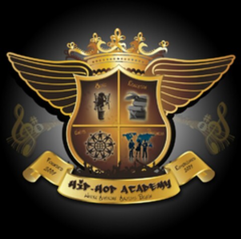 HIP-HOP ACADEMY (WHERE ASPIRING ARTISTS BEGIN), FOUNDED 2007, ESTABLISHED 2009, MUSIC, EDUCATION, UNITY, BUSINESS Logo (USPTO, 01.02.2010)