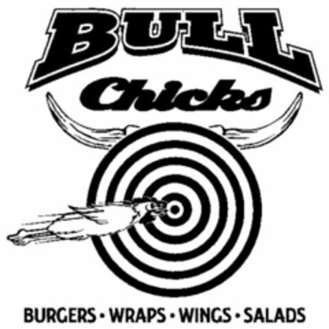 BULL CHICKS BURGERS · WRAPS · WINGS · SALADS Logo (USPTO, 08.12.2011)