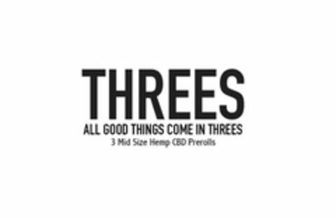 THREES ALL GOOD THINGS COME IN THREES 3 MID SIZE HEMP CBD PREROLLS Logo (USPTO, 16.10.2019)