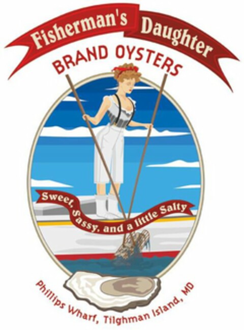 FISHERMAN'S DAUGHTER BRAND OYSTERS SWEET, SASSY, AND A LITTLE SALTY PHILLIPS WHARF, TILGHMAN ISLAND, MD Logo (USPTO, 30.09.2017)