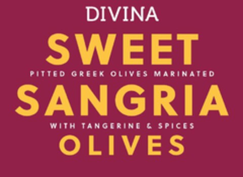 DIVINA SWEET SANGRIA OLIVES PITTED GREEK OLIVES MARINATED WITH TANGERINE & SPICES Logo (USPTO, 04/23/2019)