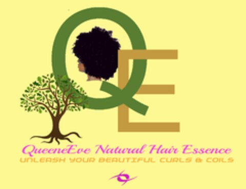 QE QUEENEEVE NATURAL HAIR ESSENCE UNLEASH YOUR BEAUTIFUL CURLS & COILS Logo (USPTO, 05/11/2016)