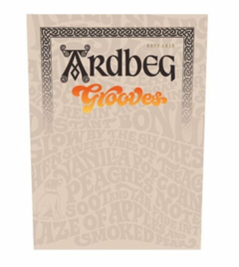 ESTD 1815 ARDBEG GROOVES INTENSE AROMAS OF SMOKED CINNAMON AND PAPRIKA ANTIQUE LEATHER AND SADDLE SOAP DRIFT INTO PINE RESIN AND BRINY SEA SPRAY.  DISTANT BONFIRES GLOW BY THE SHORES OF THE DISTILLERY THE SWEET VIBES OF TREACLE TOFFEE VANILLA POPCORN AND SALTED PEACHES NOTES OF SMOKY SOOT AND TAR FADE INTO A MELLOW HAZE OF APPLES AND SMOKED PEAR Logo (USPTO, 10/05/2017)