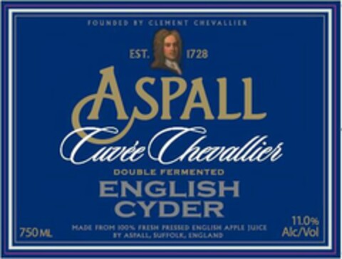 FOUNDED BY CLEMENT CHEVALLIER EST. 1728 ASPALL CUVÉE CHEVALLIER DOUBLE FERMENTED ENGLISH CYDER 750 ML MADE FROM 100% FRESH PRESSED ENGLISH APPLE JUICE BY ASPALL, SUFFOLK, ENGLAND 11.0% ALC/VOL Logo (USPTO, 11/02/2009)