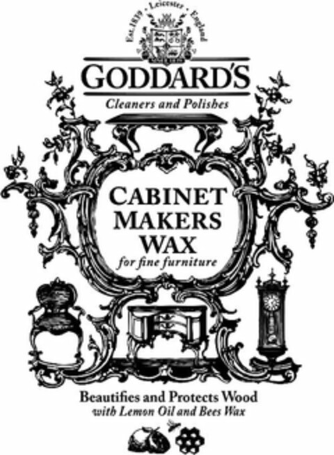 EST. 1839 · LEICESTER · ENGLAND SINCE 1839 GODDARD'S CLEANERS AND POLISHES CABINET MAKERS WAX FOR FINE FURNITURE BEAUTIFIES AND PROTECTS WOOD WITH LEMON OIL AND BEES WAX Logo (USPTO, 06/23/2015)