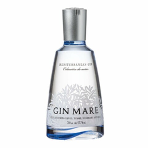 GIN MARE MEDITERRANEAN GIN COLECCIÓN DEAUTOR. DISTILLED FROM OLIVES. THYME. ROSEMARY AND BASIL 700ML. ALC. 4.27% VOL. Logo (USPTO, 12.05.2017)