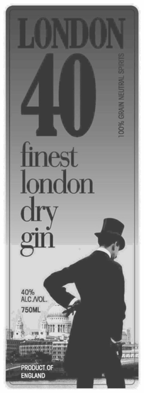 LONDON 40 100% GRAIN NEUTRAL SPIRITS FINEST LONDON DRY GIN 40% ALC./VOL. 750 ML PRODUCT OF ENGLAND Logo (USPTO, 07/02/2012)