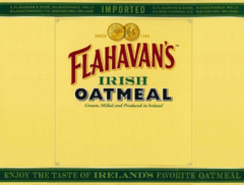 FLAHAVAN'S IRISH OATMEAL GROWN, MILLED AND PRODUCED IN IRELAND SINCE 1785 EF&S LTD. E. FLAHAVAN & SONS, KILNAGRANGE MILLS KILMACTHOMAS, CO. WATERFORD, IRELAND IMPORTED ENJOY THE TASTE OF IRELAND'S FAVORITE OATMEAL Logo (USPTO, 02.12.2011)