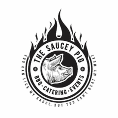 THE SAUCEY PIG BBQ · CATERING · EVENTS YOU CAN LICK MY SAUCE, BUT YOU CAN'T BEAT MY MEAT Logo (USPTO, 25.06.2019)