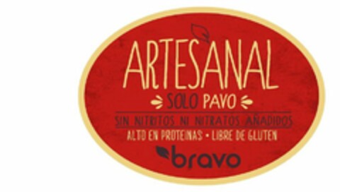 ARTESANAL SOLO PAVO SIN NITRITOS NI NITRATOS AÑADIDOS ALTO EN PROTEINAS · LIBRE DE GLUTEN BRAVO Logo (USPTO, 12.11.2019)