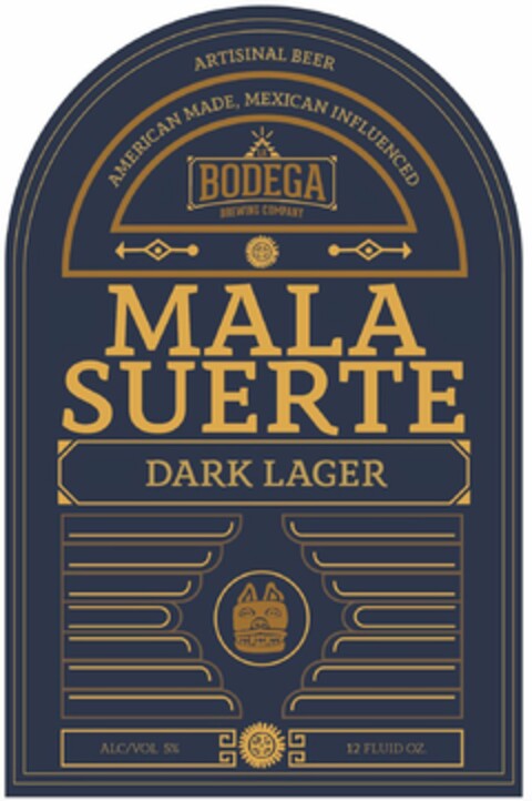 ARTISINAL BEER AMERICAN MADE, MEXICAN INFLUENCED LA BODEGA BREWING COMPANY MALA SUERTE DARK LAGER ALC/VOL 5% 12 FLUID OZ. Logo (USPTO, 03/14/2019)