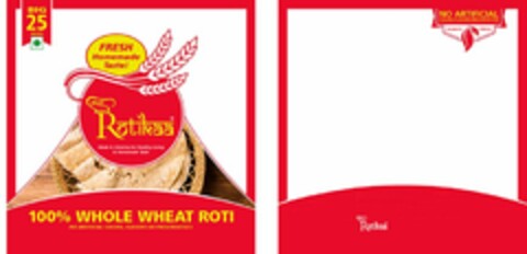 NEW ROTIKAA MADE IN AMERICA FOR HEALTHY LIVING & HOMEMADE TASTE BIG 25 PIECES FRESH HOMEMADE TASTE! 100% WHOLE WHEAT ROTI NO ARTIFICIAL COLORS, FLAVORS OR PRESERVATIVES NO ARTIFICIAL COLORS · FLAVORS · PRESERVATIVES ALWAYS FRESH NEW ROTIKAA Logo (USPTO, 15.07.2020)