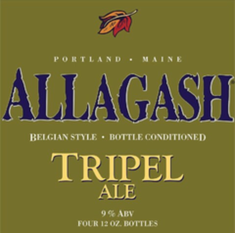 ALLAGASH TRIPEL ALE PORTLAND · MAINE BELGIAN STYLE · BOTTLE CONDITIONED 9% ABV FOUR 12 OZ. BOTTLES Logo (USPTO, 19.06.2014)