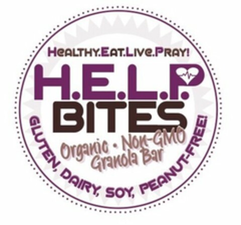 HEALTHY.EAT.LIVE.PRAY! H.E.L.P. BITES ORGANIC · NON-GMO GRANOLA BAR GLUTEN, DIARY, SOY, PEANUT-FREE ! Logo (USPTO, 05.05.2017)