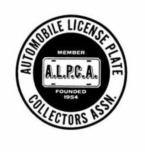 AUTOMOBILE LICENSE PLATE COLLECTORS ASSN. MEMBER A.L.P.C.A. FOUNDED 1954 Logo (USPTO, 10/10/2017)