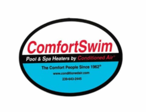 COMFORTSWIM POOL & SPA HEATERS BY CONDITIONED AIR THE COMFORT PEOPLE SINCE 1962 WWW.CONDITIONEDAIR.COM 239-643-2445 Logo (USPTO, 26.07.2019)