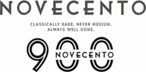 NOVECENTO CLASSICALLY RARE. NEVER MEDIUM. ALWAYS WELL DONE. 900 NOVECENTO Logo (USPTO, 23.02.2018)