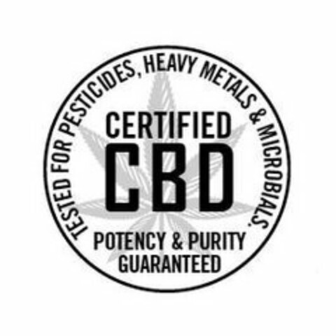 CERTIFIED CBD POTENCY & PURITY GUARANTEED TESTED FOR PESTICIDES, HEAVY METALS & MICROBIALS Logo (USPTO, 05/17/2019)