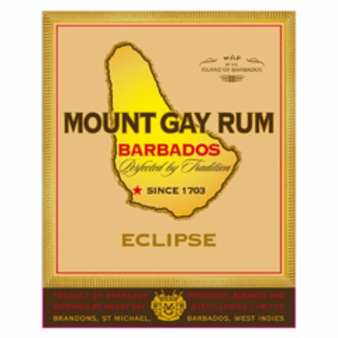 MAP OF THE ISLAND OF BARBADOS MOUNT GAY RUM BARBADOS PERFECTED BY TRADITION SINCE 1703 ECLIPSE PRODUCT OF BARBADOS PRODUCED, BLENDED AND EXPORTED BY MOUNT GAY DISTILLERIES LIMITED BRANDONS, ST. MICHAEL, BARBADOS, WEST INDIES MC Logo (USPTO, 16.09.2010)