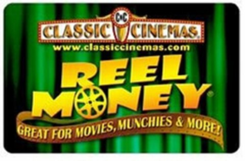 CC CLASSIC CINEMAS WWW.CLASSICCINEMAS.COM REEL MONEY GREAT FOR MOVIES, MUNCHIES & MORE! Logo (USPTO, 03/18/2015)