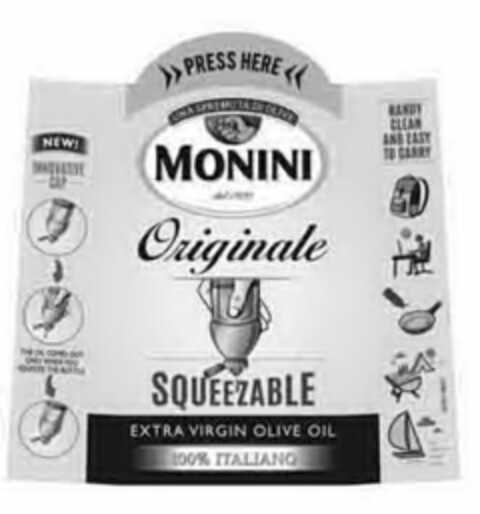 PRESS HERE UNA SPREMUTA DI OLIVE MONINIDAL 1920 ORIGINALE SQUEEZABLE EXTRA VIRGIN OLIVE OIL 100% ITALIANO Logo (USPTO, 14.07.2016)