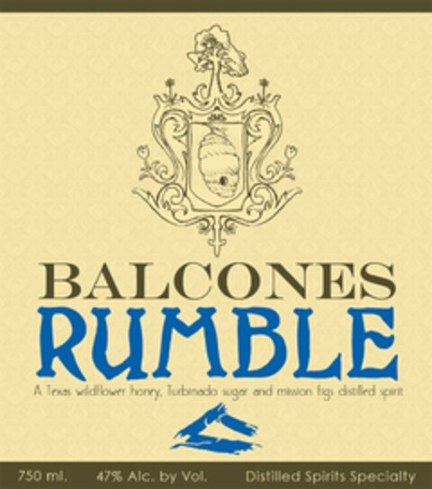BALCONES RUMBLE A TEXAS WILDFLOWER HONEY, TURBINADO SUGAR AND MISSION FIGS DISTILLED SPIRIT 750 ML. 47% ALC. BY VOL. DISTILLED SPIRITS SPECIALTY Logo (USPTO, 01.07.2009)