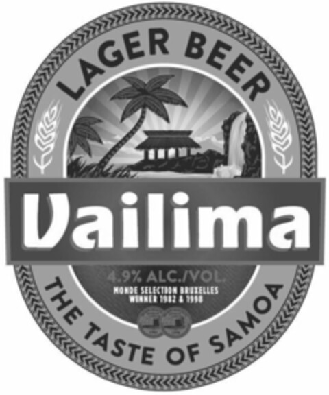 VAILIMA LAGER BEER THE TASTE OF SAMOA 4.9% ALC./VOL MONDE SECTION BRUXELLES WINNER 1982 & 1998 Logo (USPTO, 09/26/2017)