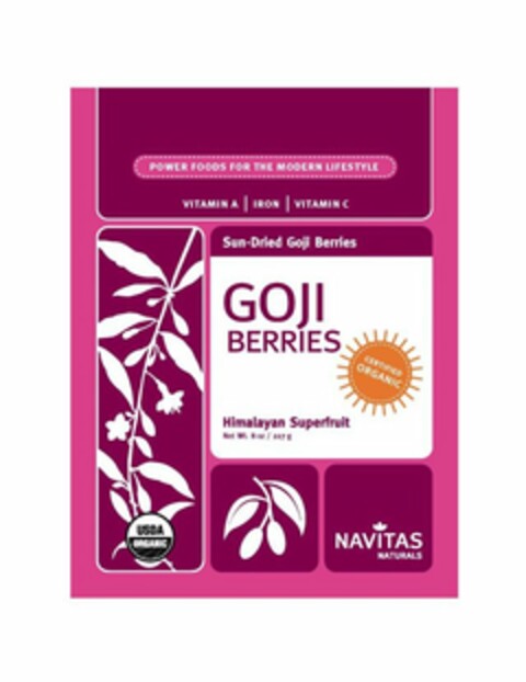 POWER FOODS FOR THE MODERN LIFESTYLE VITAMIN A IRON VITAMIN C SUN-DRIED GOJI BERRIES GOJI BERRIES HIMALAYAN SUPERFRUIT NAVITAS NATURALS CERTIFIED ORGANIC USDA ORGANIC Logo (USPTO, 07/29/2011)