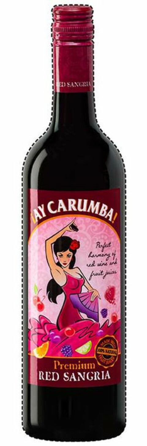 ¡AY CARUMBA! PERFECT HARMONY OF RED WINE AND FRUIT JUICES PREMIUM RED SANGRIA MADE WITH 100% NATURAL FRUIT JUICES Logo (USPTO, 24.10.2019)