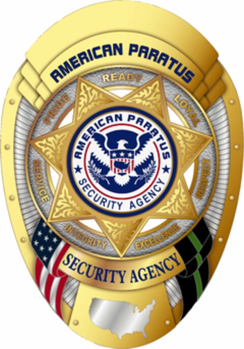 AMERICAN PARATUS SECURITY AGENCY READY LOYAL RESPECT EXCELLENCE INTEGRITY SERVICE PRIDE Logo (USPTO, 21.07.2020)