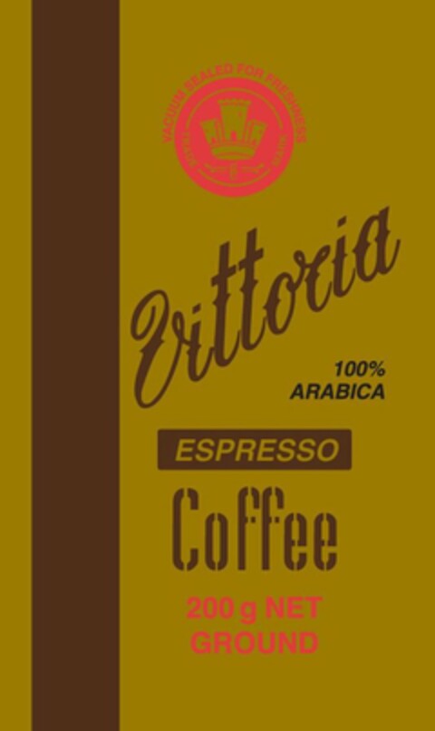 VACUUM SEALED FOR FRESHNESS VITTORIA 100% ARABICA ESPRESSO COFFEE 200 G NET GROUND Logo (USPTO, 05/24/2013)