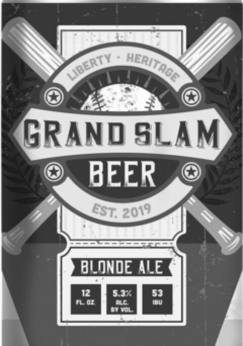 LIBERTY · HERITAGE GRAND SLAM BEER EST.2019 BLONDE ALE 12 FL. OZ. 5.3% ALC. BY VOL. 53 IBU Logo (USPTO, 07.10.2019)